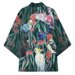 Australia Native Birds on Eucalyptus Kimono Dark Teal