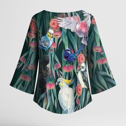 Australia Native Birds on Eucalyptus Kimono Sleeve Blouse Dark Teal