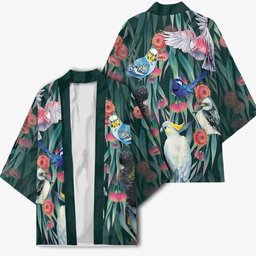 Australia Native Birds on Eucalyptus Kimono Dark Teal