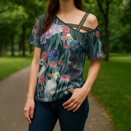 Australia Native Birds on Eucalyptus Cross Shoulder Shirt Dark Teal