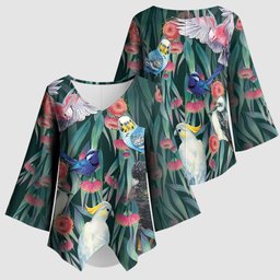 Australia Native Birds on Eucalyptus Kimono Sleeve Blouse Dark Teal