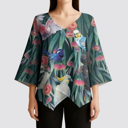 Australia Native Birds on Eucalyptus Kimono Sleeve Blouse Dark Teal