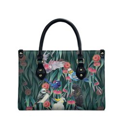 Australia Native Birds on Eucalyptus Leather Bag Dark Teal