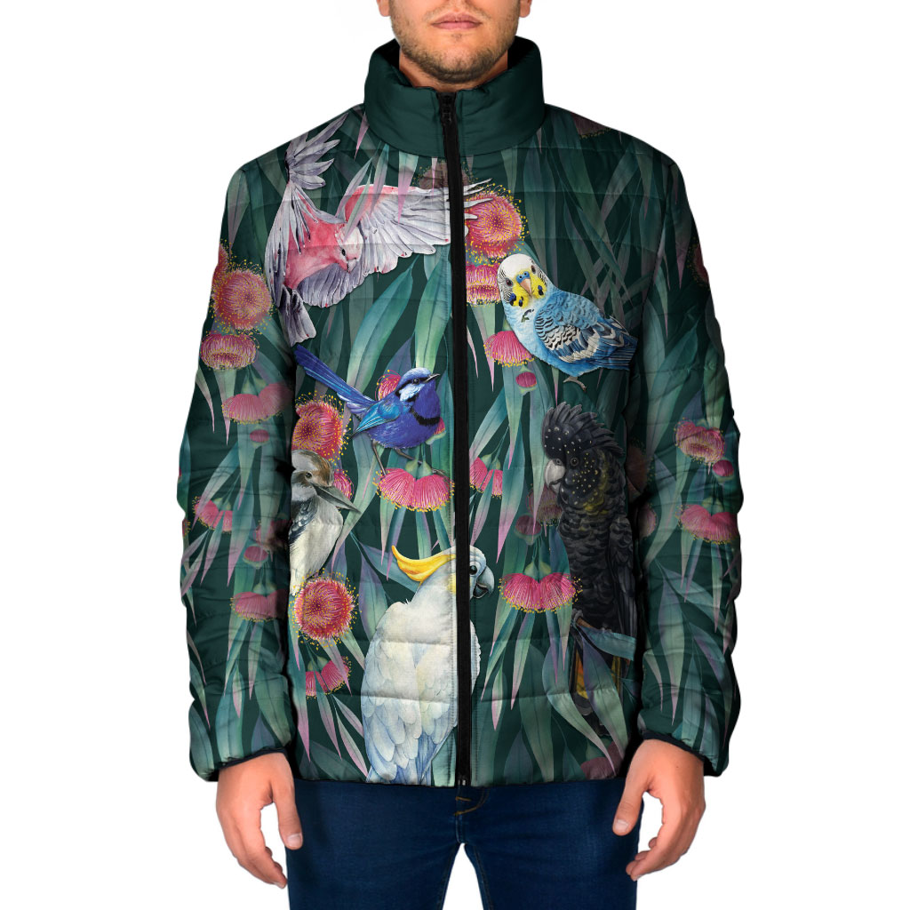 Australia Native Birds on Eucalyptus Padded Jacket Dark Teal