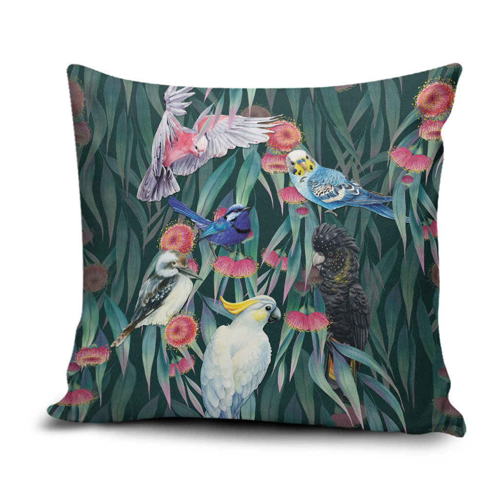 Australia Native Birds on Eucalyptus Pillow Cover Dark Teal