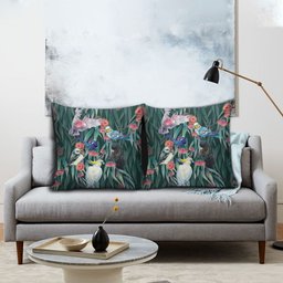 Australia Native Birds on Eucalyptus Pillow Cover Dark Teal