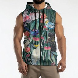 Australia Native Birds on Eucalyptus Sleeveless Zip Hoodie Dark Teal