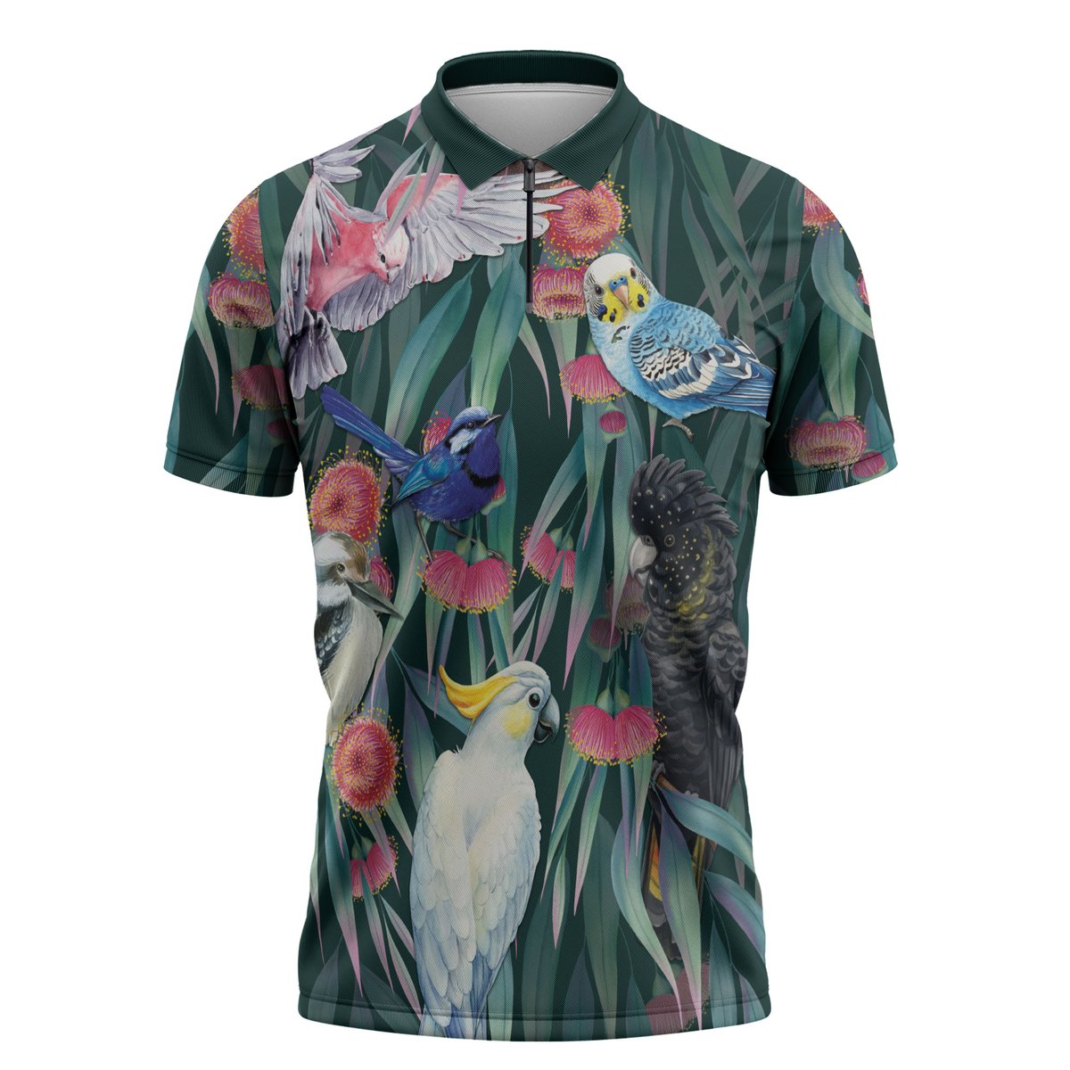 Australia Native Birds on Eucalyptus Zipper Polo Shirt Dark Teal