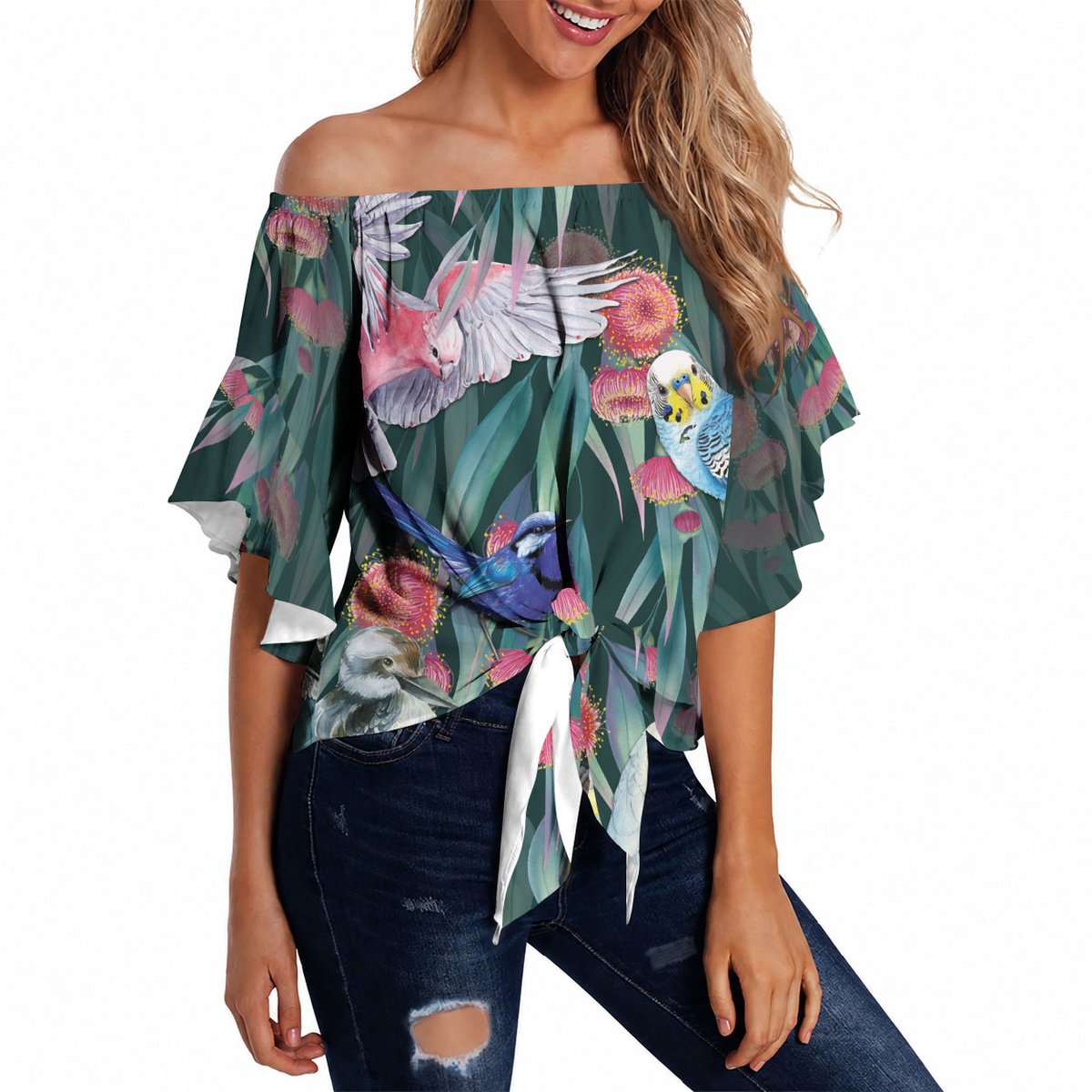 Australia Native Birds on Eucalyptus Off Shoulder Wrap Waist Top Dark Teal