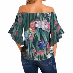 Australia Native Birds on Eucalyptus Off Shoulder Wrap Waist Top Dark Teal