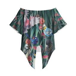Australia Native Birds on Eucalyptus Off Shoulder Wrap Waist Top Dark Teal