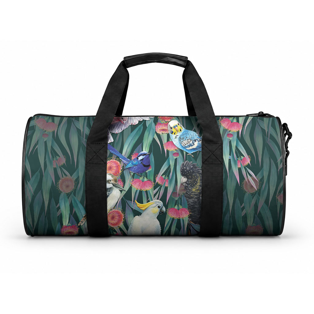 Australia Native Birds on Eucalyptus Duffle Bag Dark Teal