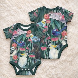 Australia Native Birds on Eucalyptus Baby Onesie Dark Teal