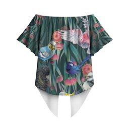 Australia Native Birds on Eucalyptus Off Shoulder Wrap Waist Top Dark Teal