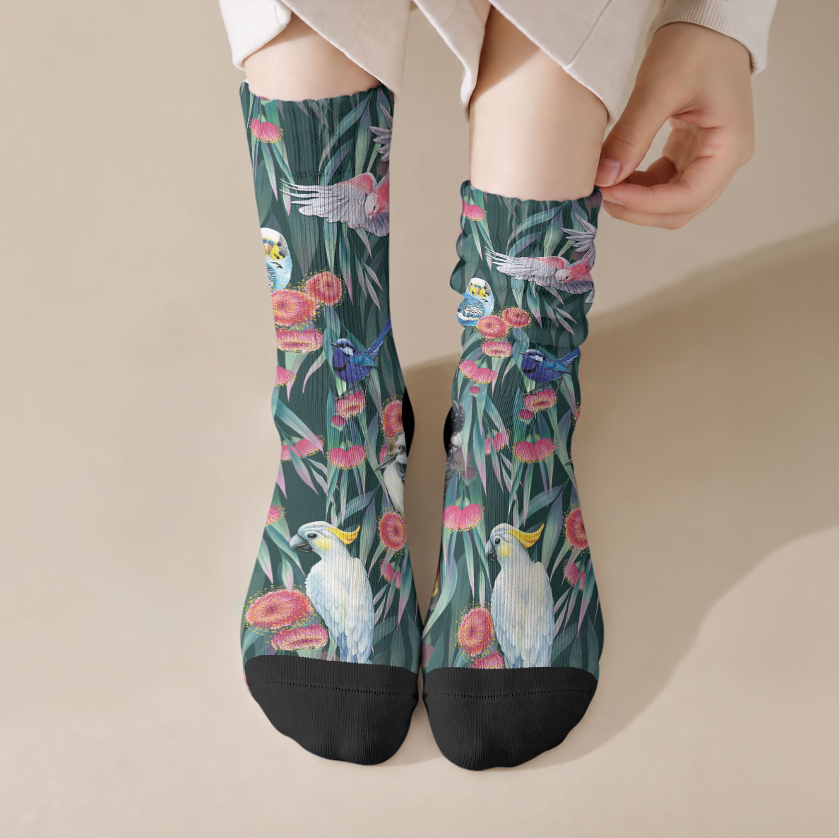 Australia Native Birds on Eucalyptus Crew Socks Dark Teal