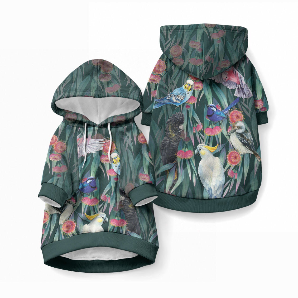 Australia Native Birds on Eucalyptus Pet Hoodie Dark Teal