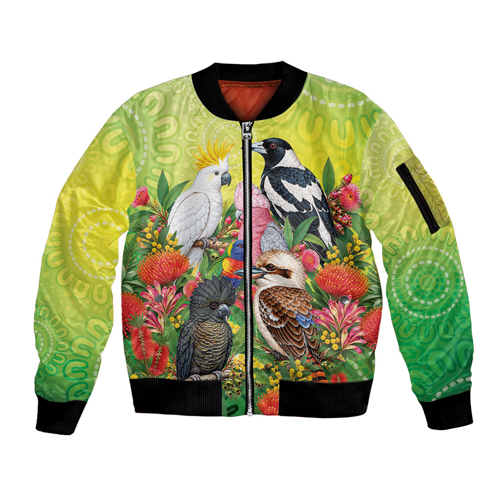 Australian Native Birds Sleeve Zip Bomber Jacket Art Dot Painting Pattern