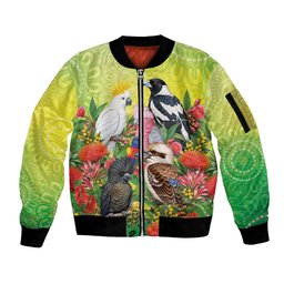 Australian Native Birds Sleeve Zip Bomber Jacket Art Dot Painting Pattern
