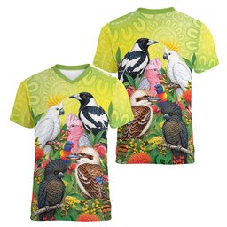 Australian Native Birds Women V-Neck T-Shirt Art Dot Painting Pattern