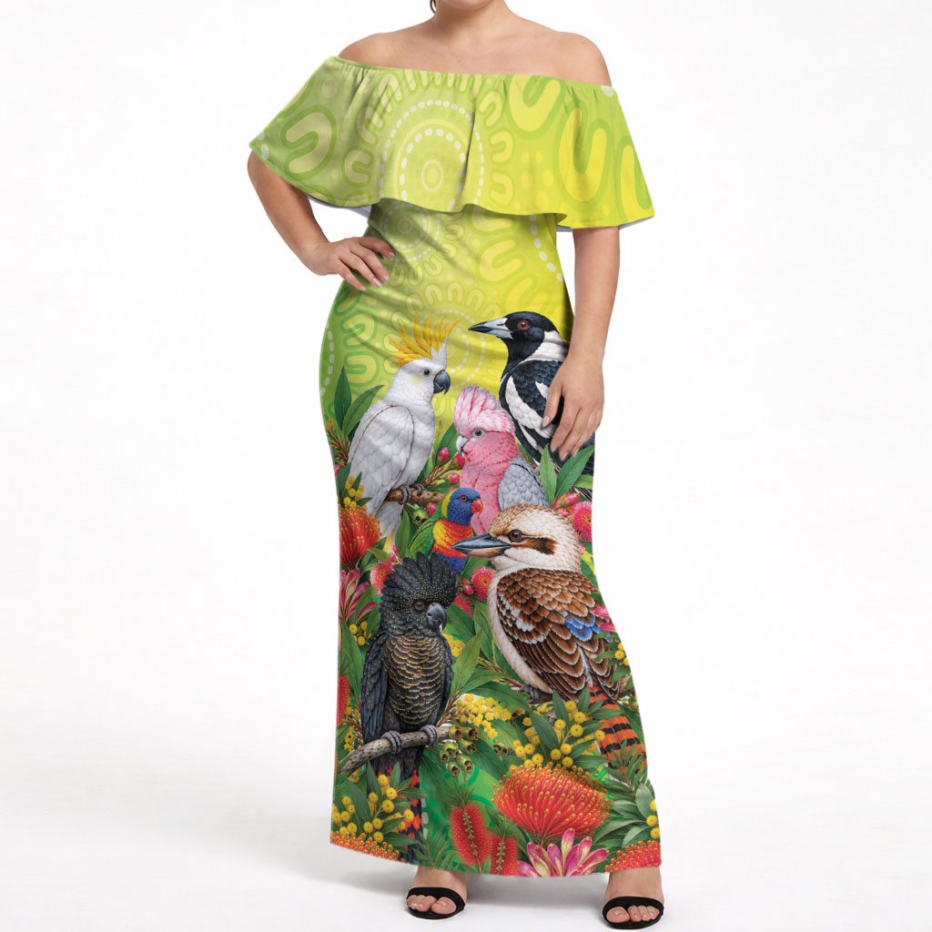 Australian Native Birds Off Shoulder Maxi Dress Art Dot Painting Pattern