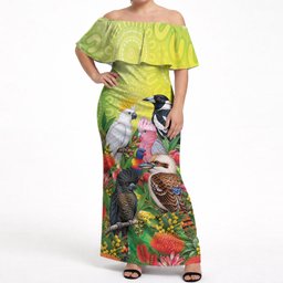 Australian Native Birds Off Shoulder Maxi Dress Art Dot Painting Pattern