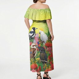 Australian Native Birds Off Shoulder Maxi Dress Art Dot Painting Pattern