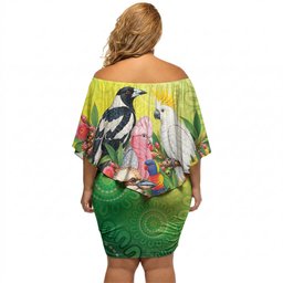Australian Native Birds Off Shoulder Short Dress Art Dot Painting Pattern
