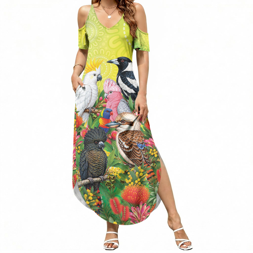 Australian Native Birds Summer Maxi Dress Art Dot Painting Pattern
