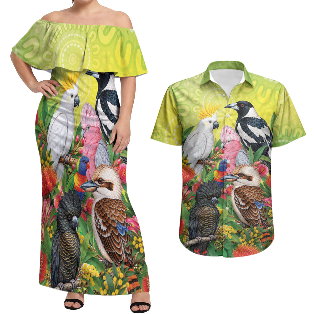 Australian Native Birds Couples Matching Off Shoulder Maxi Dress and Hawaiian Shirt Art Dot Painting Pattern