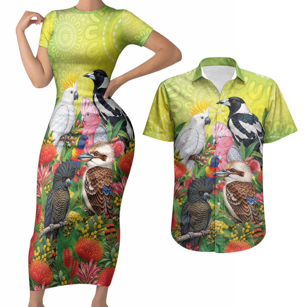 Australian Native Birds Couples Matching Short Sleeve Bodycon Dress and Hawaiian Shirt Art Dot Painting Pattern