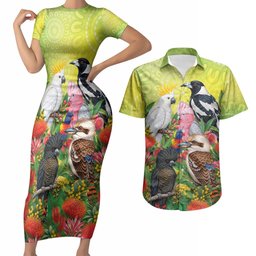 Australian Native Birds Couples Matching Short Sleeve Bodycon Dress and Hawaiian Shirt Art Dot Painting Pattern