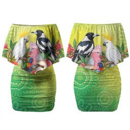 Australian Native Birds Couples Matching Off Shoulder Short Dress and Hawaiian Shirt Art Dot Painting Pattern