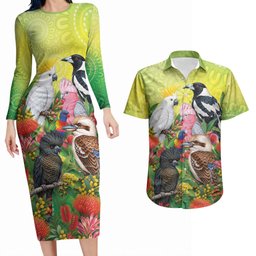 Australian Native Birds Couples Matching Long Sleeve Bodycon Dress and Hawaiian Shirt Art Dot Painting Pattern