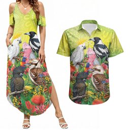 Australian Native Birds Couples Matching Summer Maxi Dress and Hawaiian Shirt Art Dot Painting Pattern