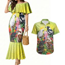 Australian Native Birds Couples Matching Mermaid Dress and Hawaiian Shirt Art Dot Painting Pattern