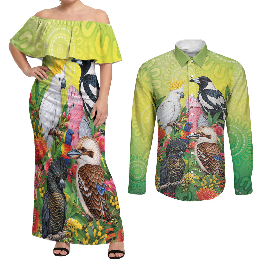 Australian Native Birds Couples Matching Off Shoulder Maxi Dress and Long Sleeve Button Shirt Art Dot Painting Pattern