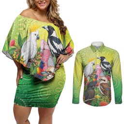 Australian Native Birds Couples Matching Off Shoulder Short Dress and Long Sleeve Button Shirt Art Dot Painting Pattern