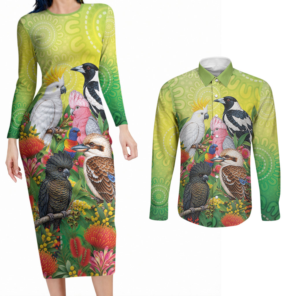 Australian Native Birds Couples Matching Long Sleeve Bodycon Dress and Long Sleeve Button Shirt Art Dot Painting Pattern