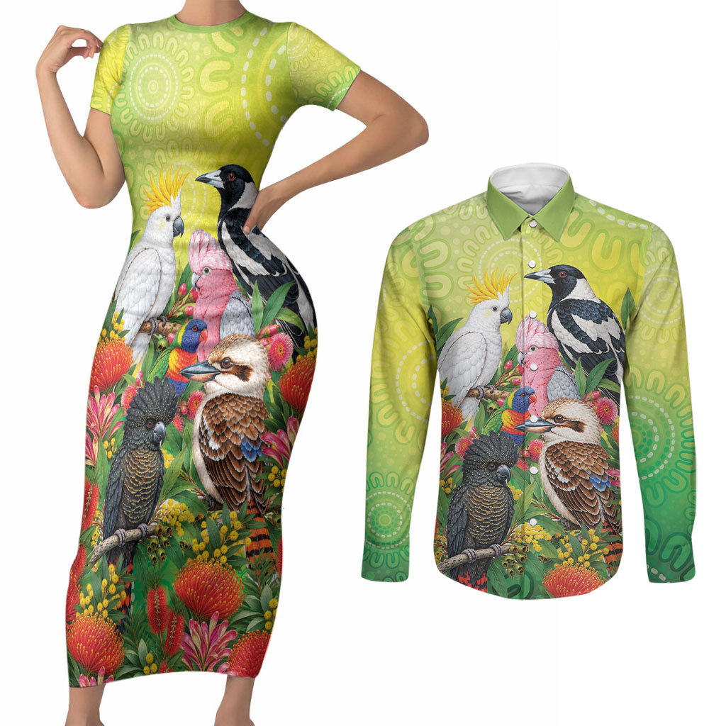 Australian Native Birds Couples Matching Short Sleeve Bodycon Dress and Long Sleeve Button Shirt Art Dot Painting Pattern