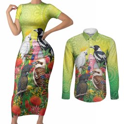 Australian Native Birds Couples Matching Short Sleeve Bodycon Dress and Long Sleeve Button Shirt Art Dot Painting Pattern