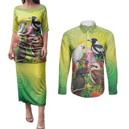 Australian Native Birds Couples Matching Puletasi and Long Sleeve Button Shirt Art Dot Painting Pattern