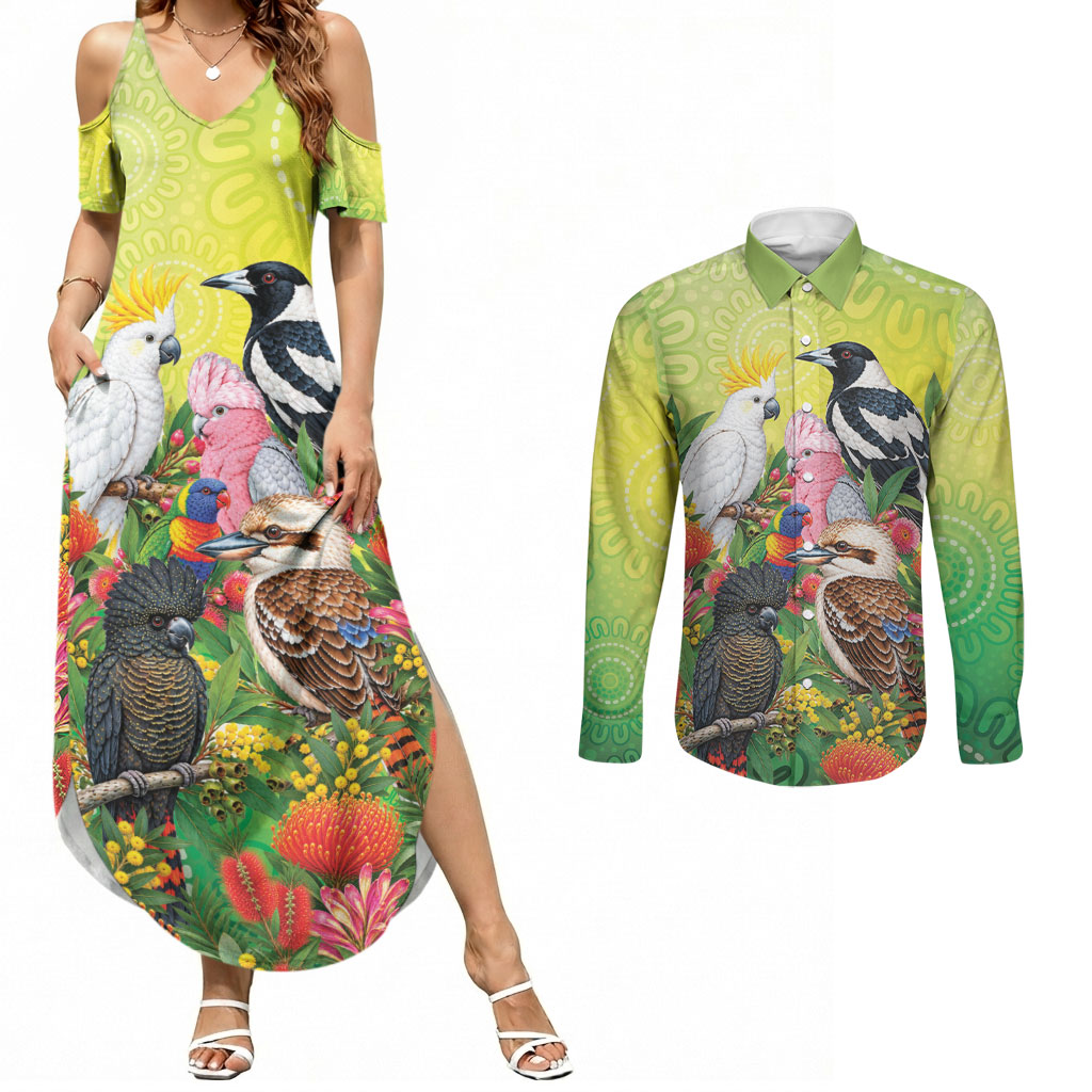 Australian Native Birds Couples Matching Summer Maxi Dress and Long Sleeve Button Shirt Art Dot Painting Pattern