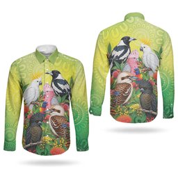 Australian Native Birds Couples Matching Puletasi and Long Sleeve Button Shirt Art Dot Painting Pattern