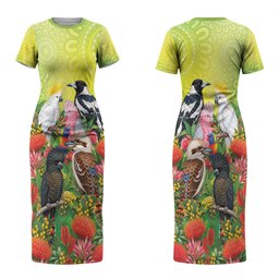 Australian Native Birds Couples Matching Short Sleeve Bodycon Dress and Long Sleeve Button Shirt Art Dot Painting Pattern