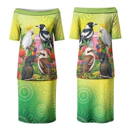 Australian Native Birds Couples Matching Puletasi and Long Sleeve Button Shirt Art Dot Painting Pattern