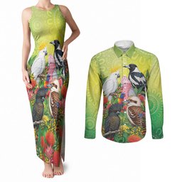Australian Native Birds Couples Matching Tank Maxi Dress and Long Sleeve Button Shirt Art Dot Painting Pattern