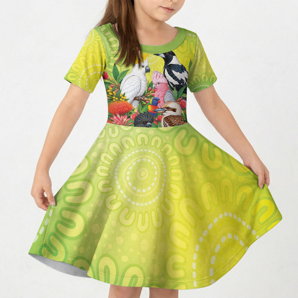 Australian Native Birds Kid Short Sleeve Dress Art Dot Painting Pattern