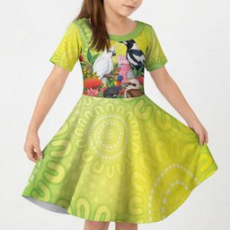 Australian Native Birds Kid Short Sleeve Dress Art Dot Painting Pattern