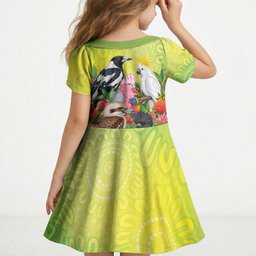 Australian Native Birds Kid Short Sleeve Dress Art Dot Painting Pattern