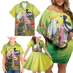 Australian Native Birds Family Matching Off Shoulder Short Dress and Hawaiian Shirt Art Dot Painting Pattern